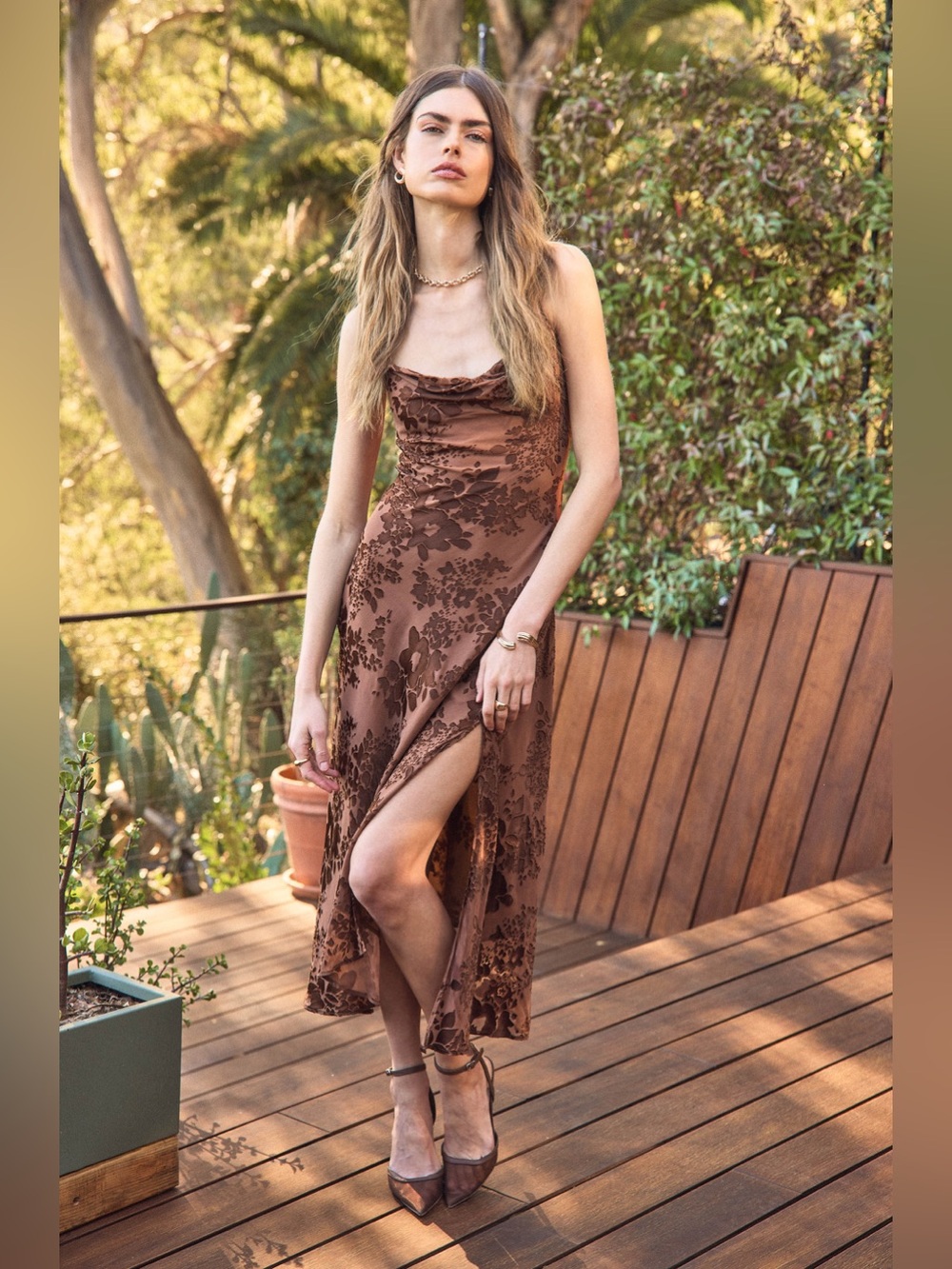 Taylor  Women’s Rich Brown Floral Burnout Velvet Midi Slip Dress Size 10 NWT